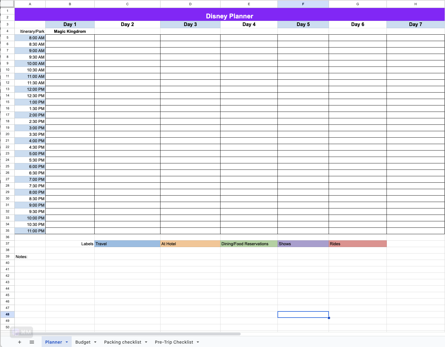 Disney Planning Spreadsheet Preview - Comprehensive vacation planner with budget tracker, dining reservations, and trip timeline